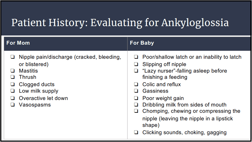 table showing evaluating for ankyloglossia